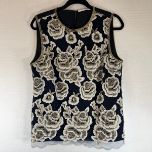 T‎ Tahari Womens Size L Navy Blue Gold Floral Embroidered Sleeveless Top Holiday